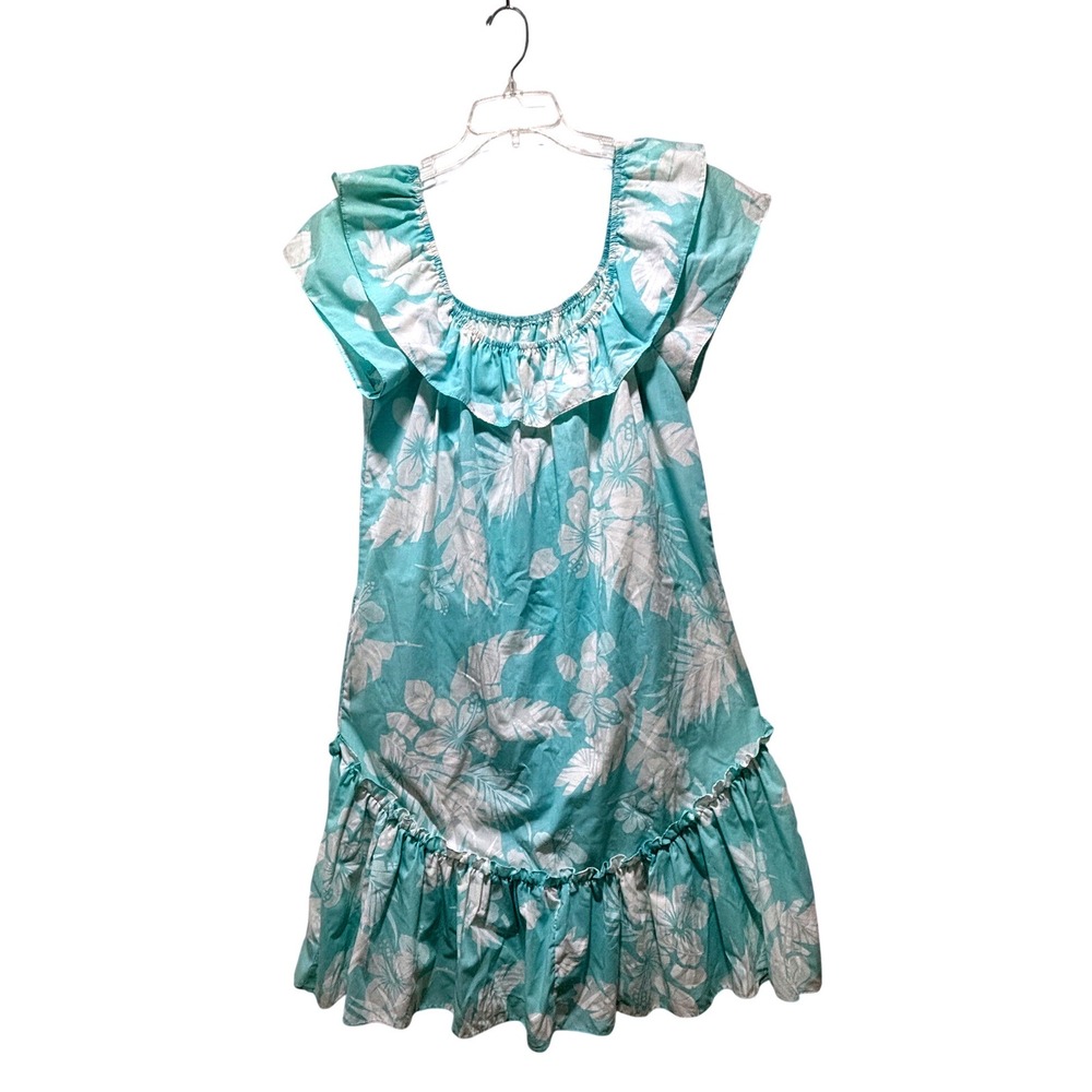 VTG 80/90s Kole Kole Hawaiian Aloha Muu Muu Ruffle Dress Aqua Monstera Women's S - Picture 6 of 16